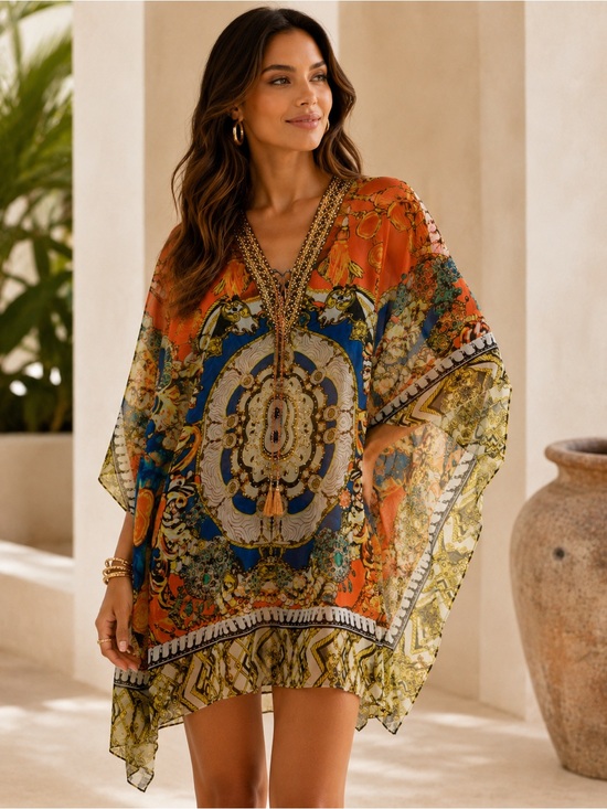 Boston Proper Tops - Boston Proper Embellished Printed Kaftan Tunic M/L